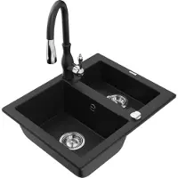 Mexen Carlos 1,5-Becken-Granitspüle mit Mischbatterie Savita, Schwarz - 6518-77-672601-70