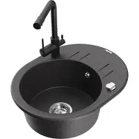 Mexen Kevin 1 Becken-Granitspüle mit Abtropffläche und Mischbatterie Duero, Schwarz gesprenkelt - 6517-76-671600-70