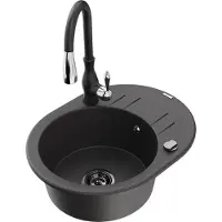Mexen Kevin 1 Becken-Granitspüle mit Abtropffläche und Mischbatterie Savita, Schwarz gesprenkelt - 6517-76-672601-70-B