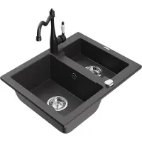 Mexen Carlos 1,5-Becken-Granitspüle mit Mischbatterie Carla, Schwarz gesprenkelt - 6518-76-670700-70