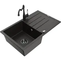 Mexen Bruno 1 Becken-Granitspüle mit Abtropffläche und Mischbatterie Carla, Schwarz/Gold metallisch - 6513-75-670700-70-B
