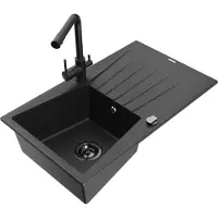 Mexen Cesar 1 Becken-Granitspüle mit Abtropffläche und Mischbatterie Duero, Schwarz/Silbermetallic - 6514-73-671600-70-B