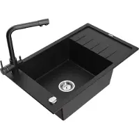 Mexen Elias 1 Becken-Granitspüle mit Abtropffläche und Mischbatterie Duero, Schwarz - 6511-77-671600-70