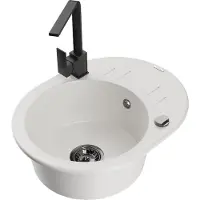 Mexen Kevin 1 Becken-Granitspüle mit Abtropffläche und Mischbatterie Rita, Weiß - 6517-20-670300-70