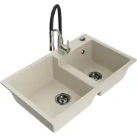 Mexen Tomas 2-Becken-Granitspüle mit Mischbatterie Aster, Beige - 6516-69-73450-07-B