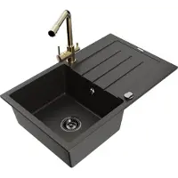 Mexen Bruno 1 Becken-Granitspüle mit Abtropffläche und Mischbatterie Duero, Schwarz/Gold metallisch - 6513-75-671600-50-B