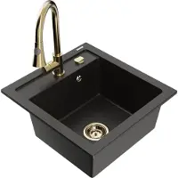 Mexen Vito 1-Becken-Granit-Spüle mit Mischbatterie Elia, Schwarz/Gold metallisch - 6503-75-670101-50