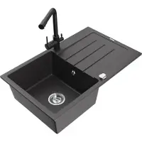 Mexen Bruno 1 Becken-Granitspüle mit Abtropffläche und Mischbatterie Duero, Schwarz gesprenkelt - 6513-76-671600-70