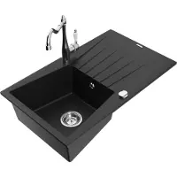 Mexen Cesar 1 Becken-Granitspüle mit Abtropffläche und Mischbatterie Carla, Schwarz - 6514-77-670700-00