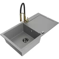 Mexen Leo 1 Becken-Granitspüle mit Abtropffläche und Mischbatterie Aster, Grau - 6501-71-73450-57-B