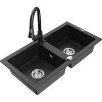 Mexen Mario 2-Becken-Granitspüle mit Mischbatterie Elia, Schwarz/Silbermetallic - 6504-73-670101-70