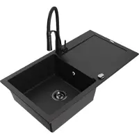 Mexen Leo 1 Becken-Granitspüle mit Abtropffläche und Mischbatterie Aster, Schwarz - 6501-77-73450-70-B