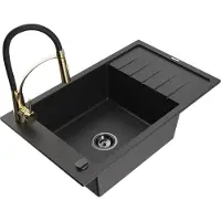 Mexen Elias 1 Becken-Granitspüle mit Abtropffläche und Mischbatterie Aster, Schwarz/Silbermetallic - 6511-73-73450-57-B