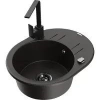Mexen Kevin 1 Becken-Granitspüle mit Abtropffläche und Mischbatterie Rita, Schwarz/Gold metallisch - 6517-75-670300-70-B