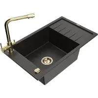Mexen Elias 1 Becken-Granitspüle mit Abtropffläche und Mischbatterie Duero, Schwarz/Gold metallisch - 6511-75-671600-50