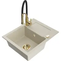 Mexen Enzo 1 Becken-Granitspüle mit Abtropffläche und Mischbatterie Aster, Beige - 6506-69-73450-57-G