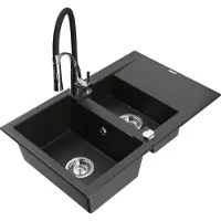 Mexen Gaspar 1,5-Becken-Granitspüle mit Abtropffläche und Mischbatterie Aster, Schwarz/Gold metallisch - 6507-75-73450-07