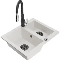 Mexen Carlos 1,5-Becken-Granitspüle mit Mischbatterie Savita, Weiß - 6518-20-672601-70