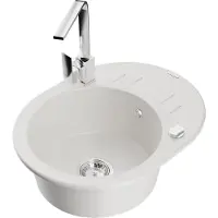 Mexen Kevin 1 Becken-Granitspüle mit Abtropffläche und Mischbatterie Rita, Weiß - 6517-20-670300-00
