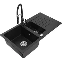 Mexen Matias 1,5-Becken-Granitspüle mit Abtropffläche und Mischbatterie Aster, Schwarz - 6502-77-73450-07