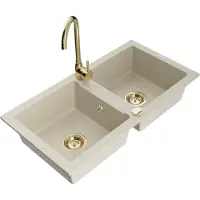 Mexen Mario 2-Becken-Granitspüle mit Mischbatterie Telma, Beige - 6504-69-670200-50