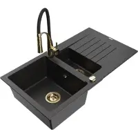 Mexen Matias 1,5-Becken-Granitspüle mit Abtropffläche und Mischbatterie Aster, Schwarz/Silber - 6502-73-73450-57-G