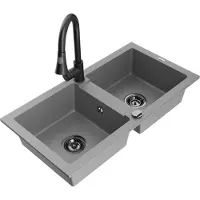 Mexen Mario 2-Becken-Granitspüle mit Mischbatterie Elia, Grau - 6504-71-670101-70-B