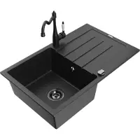 Mexen Bruno 1 Becken-Granitspüle mit Abtropffläche und Mischbatterie Carla, Schwarz/Silbermetallic - 6513-73-670700-70-B