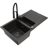 Mexen Matias 1,5-Becken-Granitspüle mit Abtropffläche und Mischbatterie Aster, Schwarz/Gold metallisch - 6502-75-73450-70-B
