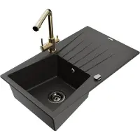 Mexen Cesar 1 Becken-Granitspüle mit Abtropffläche und Mischbatterie Duero, Schwarz/Gold metallisch - 6514-75-671600-50-B