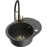 Mexen Kevin 1 Becken-Granitspüle mit Abtropffläche und Mischbatterie Aster, Schwarz gesprenkelt - 6517-76-73450-57-G