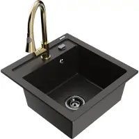 Mexen Vito 1-Becken-Granit-Spüle mit Mischbatterie Elia, Schwarz/Gold metallisch - 6503-75-670101-50-B