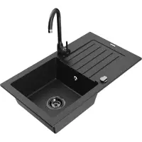 Mexen Pablo 1 Becken-Granitspüle mit Abtropffläche und Mischbatterie Telma, Schwarz/Silber - 6510-73-670200-70-B