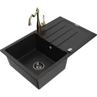 Mexen Bruno 1 Becken-Granitspüle mit Abtropffläche und Mischbatterie Carla, Schwarz - 6513-77-670700-50-B