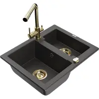 Mexen Carlos 1,5-Becken-Granitspüle mit Mischbatterie Duero, Schwarz gesprenkelt - 6518-76-671600-50