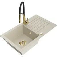 Mexen Pablo 1 Becken-Granitspüle mit Abtropffläche und Mischbatterie Aster, Beige - 510-69-73450-57-G