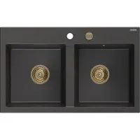 Mexen Hektor Granitspüle 2-Becken 800 x 480 mm, schwarz gesprenkelt, goldener Siphon - 6521802000-76-G
