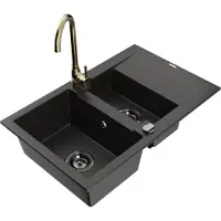 Mexen Gaspar 1,5-Becken-Granitspüle mit Abtropffläche und Mischbatterie Telma, Schwarz/Gold - 6507-75-670200-50-B