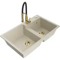 Mexen Tomas 2-Becken-Granitspüle mit Mischbatterie Aster, Beige - 6516-69-73450-57-G