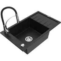 Mexen Elias 1 Becken-Granitspüle mit Abtropffläche und Mischbatterie Aster, Schwarz - 6511-77-73450-07