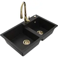 Mexen Tomas 2-Becken-Granitspüle mit Mischbatterie Savita, Schwarz - 6516-77-672601-50