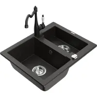 Mexen Carlos 1,5-Becken-Granitspüle mit Mischbatterie Carla, Schwarz/Gold metallisch - 6518-75-670700-70