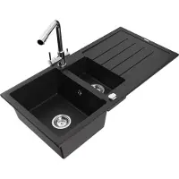 Mexen Andres 1,5-Becken-Granitspüle mit Abtropffläche und Mischbatterie Duero, Schwarz - 6515-77-671600-00