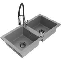 Mexen Mario 2-Becken-Granitspüle mit Mischbatterie Aster, Grau - 6504-71-73450-07-B