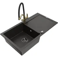 Mexen Leo 1 Becken-Granitspüle mit Abtropffläche und Mischbatterie Duo, Schwarz/Gold metallisch - 6501-75-671701-57-B