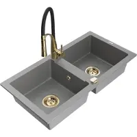 Mexen Mario 2-Becken-Granitspüle mit Mischbatterie Aster, Grau - 6504-71-73450-57-G