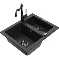 Mexen Carlos 1,5-Becken-Granitspüle mit Mischbatterie Carla, Schwarz/Gold metallisch - 6518-75-670700-70-B