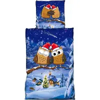 COFI Fleece Bettwäsche Weihnachtsmotiv mit Eulen 135x200 cm Deckenbezug, 80x80 cm Kissenbezug