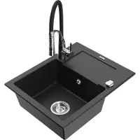 Mexen Enzo 1 Becken-Granitspüle mit Abtropffläche und Mischbatterie Aster, Schwarz/Silbermetallic - 6506-73-73450-07