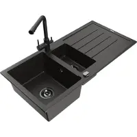 Mexen Andres 1,5-Becken-Granitspüle mit Abtropffläche und Mischbatterie Duero, Schwarz/Gold - 6515-75-671600-70-B